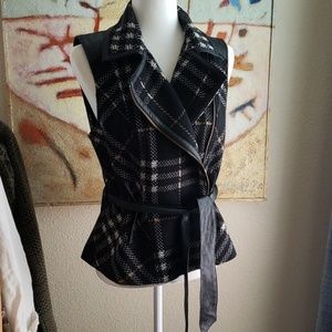 Wool plaid zippered vest with leather